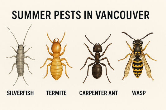 Illustration of common summer pests in Vancouver including silverfish, termites, carpenter ants, and wasps