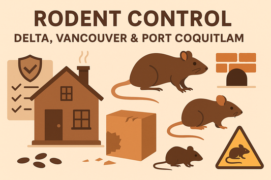 Infographic showing rodent control in Delta, Vancouver, and Port Coquitlam with illustrations of rats, a house, warning signs, and prevention checklist