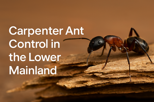 A close-up photo of carpenter ants crawling on damp wood near a window frame indoors. The lighting highlights the damaged wood and ants in motion, making it educational and relevant for a pest control blog.