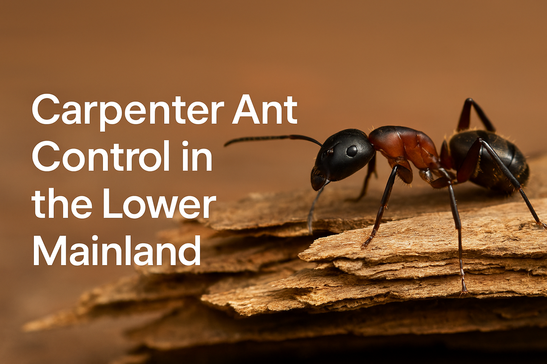 A close-up photo of carpenter ants crawling on damp wood near a window frame indoors. The lighting highlights the damaged wood and ants in motion, making it educational and relevant for a pest control blog.